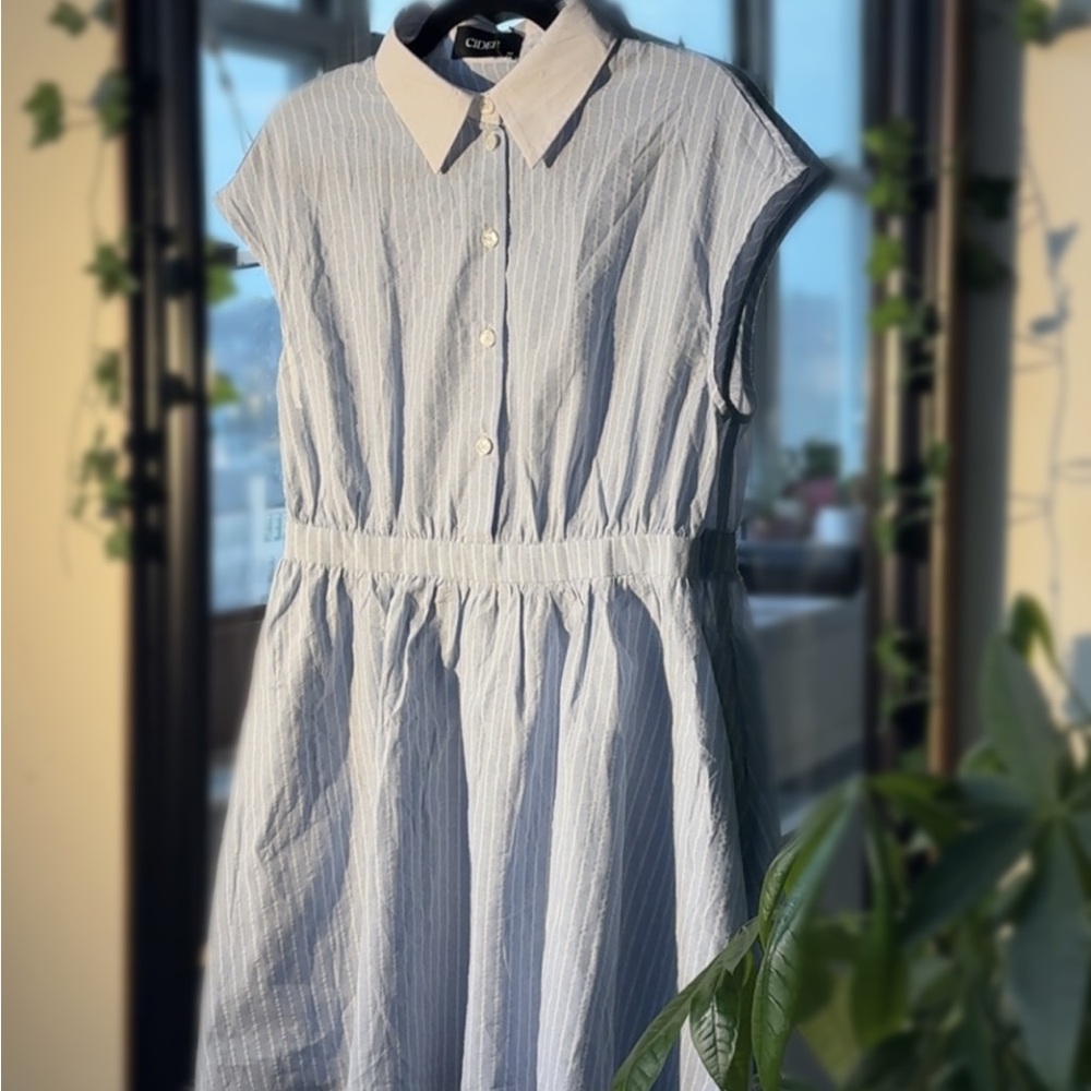 Cider Girls' Light Blue Pinstripe Shirt Dress with White Collar